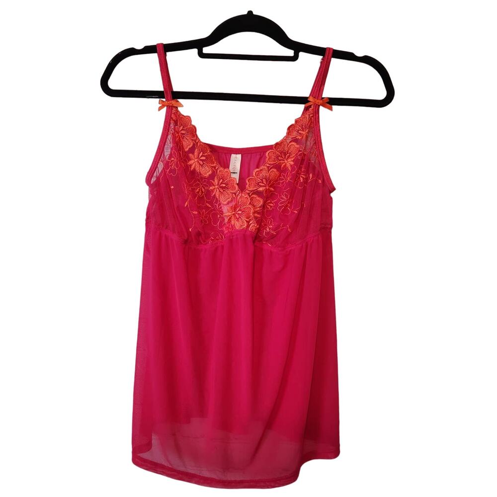 NWT‎ Cacique Fuchsia Sheer with Orange Lace trim Baby doll Top Women's 14/16
